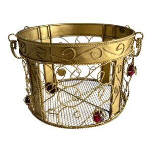 1990s Gold Wire Metal Candle Holder with Red Gem Accents – Round Scroll Design –